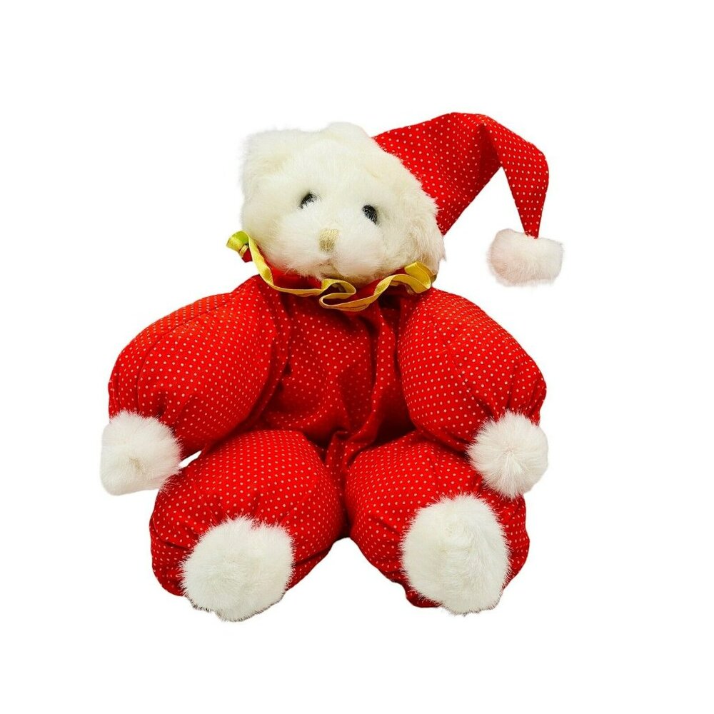 Vintage Russ Caress Soft Pets White Teddy Bear Plush Red Circus Hat Beany 8 inch